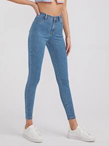 SHEIN Essnce 高腰緊身九分牛仔褲 - 中等水洗藍 - 查看 5