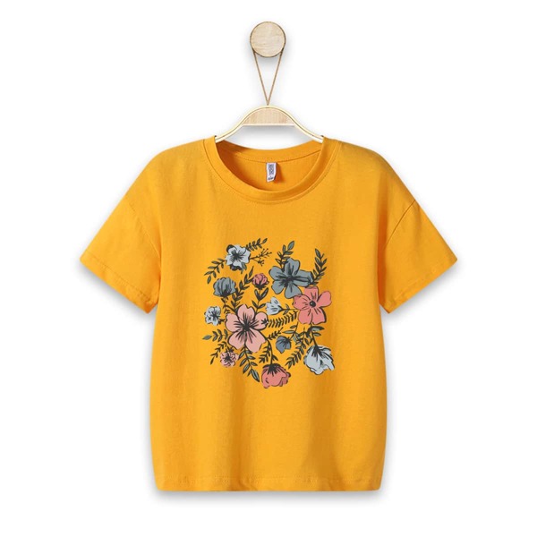 

Boys Floral Print Drop Shoulder Tee, Mustard yellow