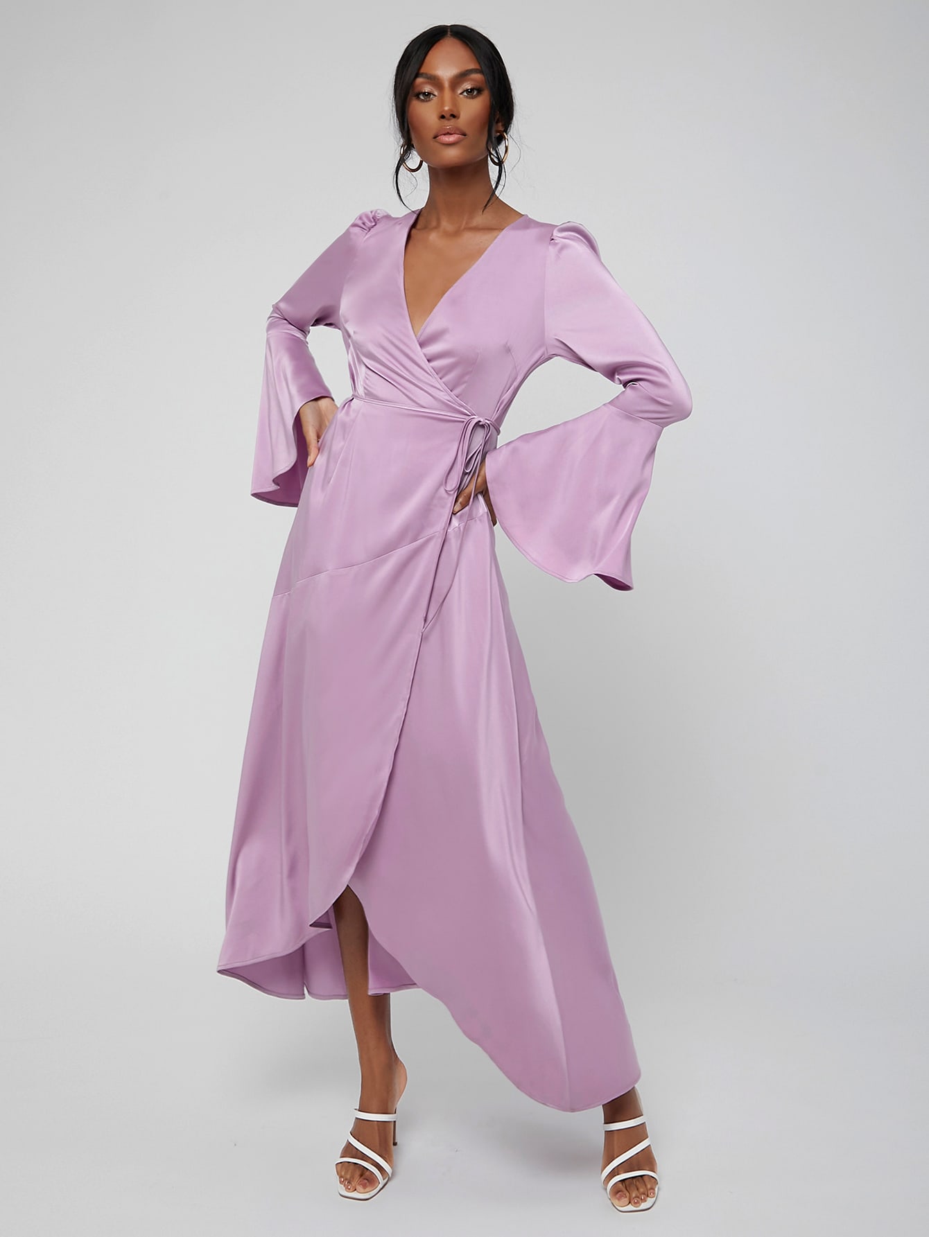 SHEIN SHEIN X CÉLIAvalverde Bell Sleeve Surplice Wrap Belted Satin Dress