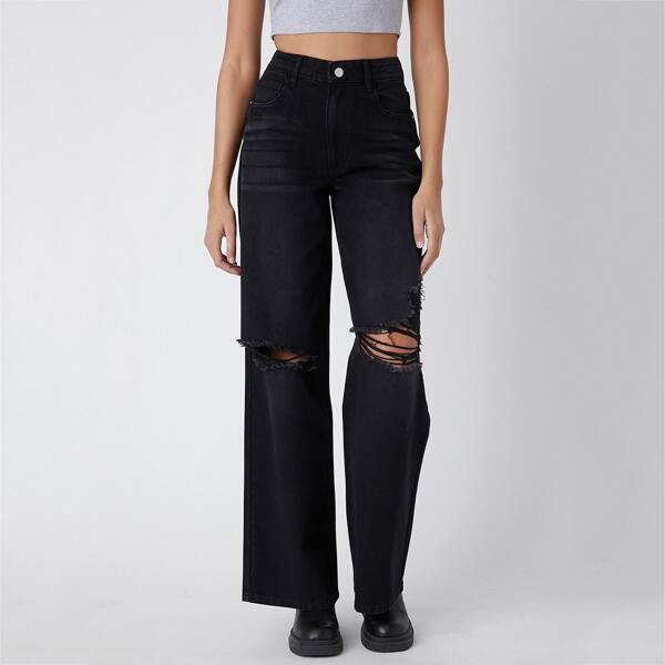

90s vintage High-Waist Denim Wide-leg Boyfriend Jeans, Black