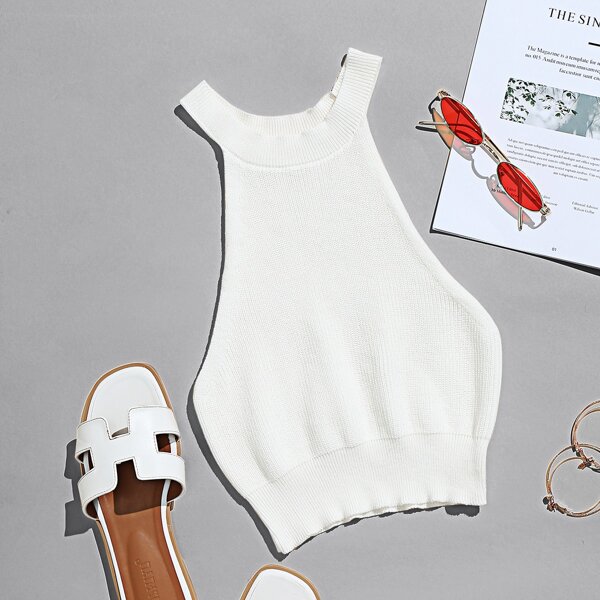 

Solid Crop Halter Knit Top, White