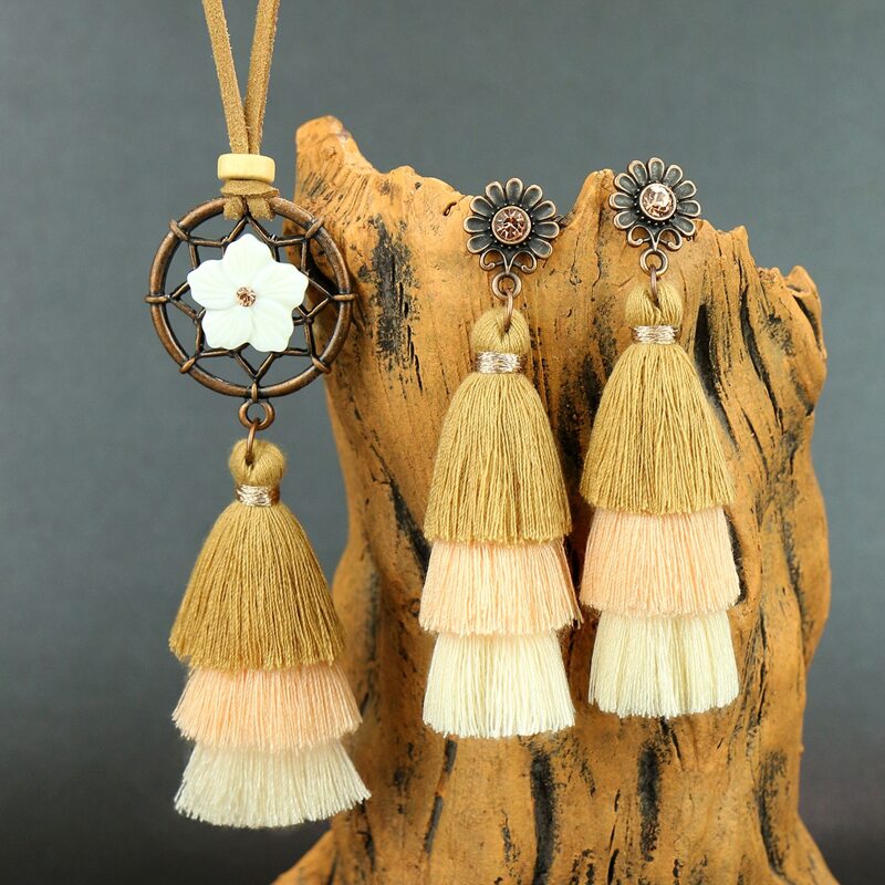 

1pc Tassel Charm Necklace & 1pair Drop Earrings, Multicolor
