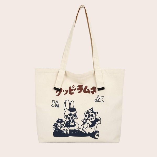 

Cartoon & Japanese Letter Graphic Shopper Bag, Beige