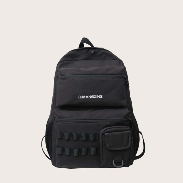 

Letter Embroidered Pocket Front Backpack, Black