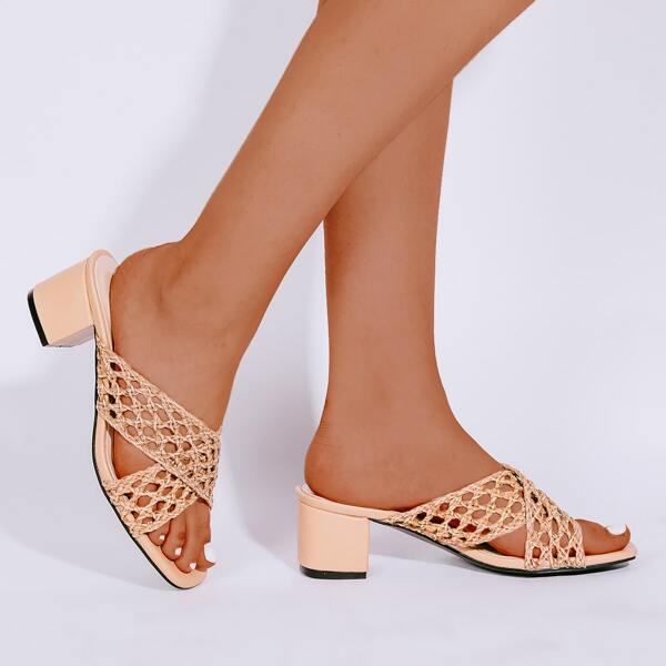 

Hollow Out Straw Mule Sandals, Apricot