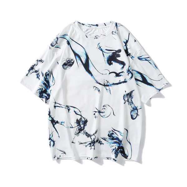 

Men Abstract Print Drop Shoulder Tee, White