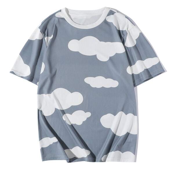 

Men Cloud Print Ribbed Tee, Dusty blue