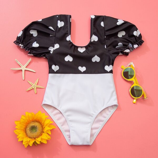 

Toddler Girls Heart Print One Piece Swimsuit, Black and white