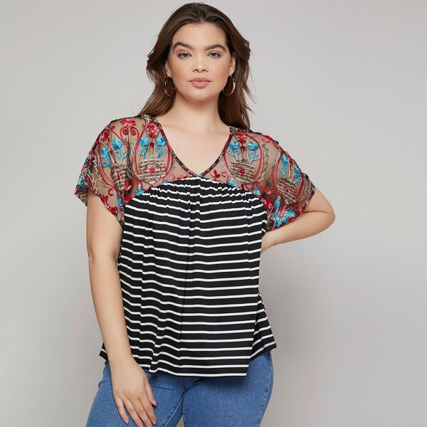 

Plus Embroidered Mesh Yoke Striped Tee, Black and white