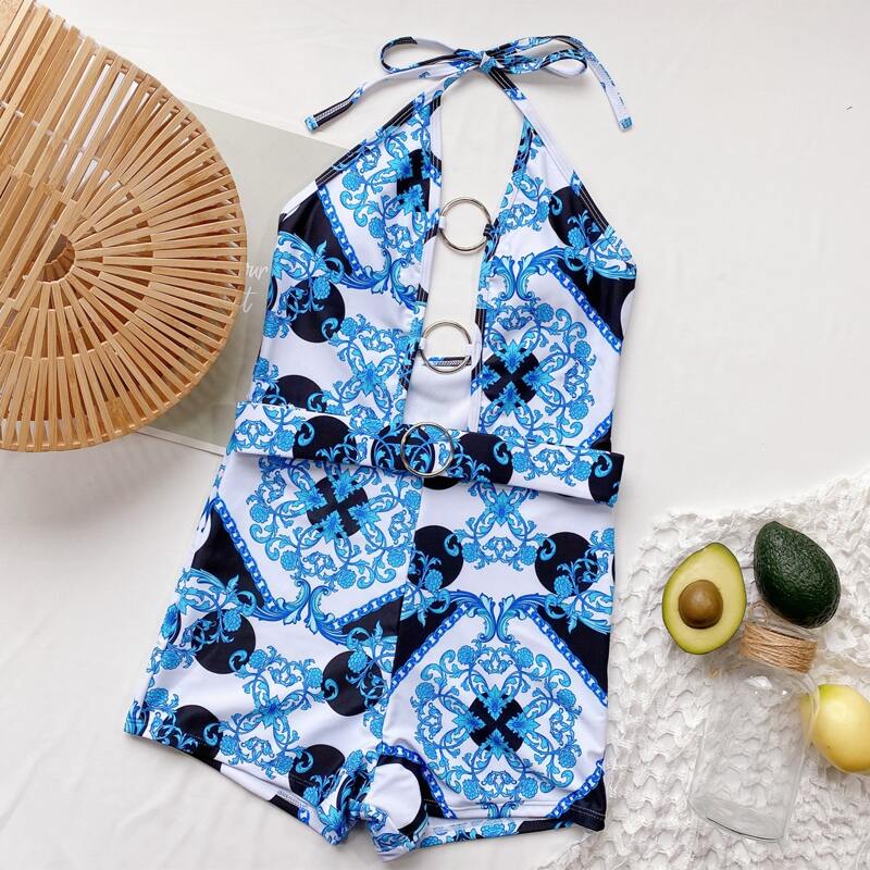 

Baroque & Chain Print Halter One Piece Swimsuit, Blue