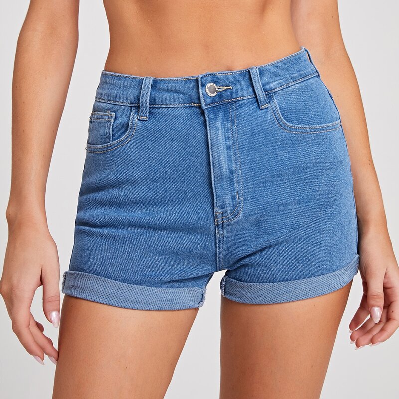 

High Waist Roll Hem Denim Shorts, Medium wash