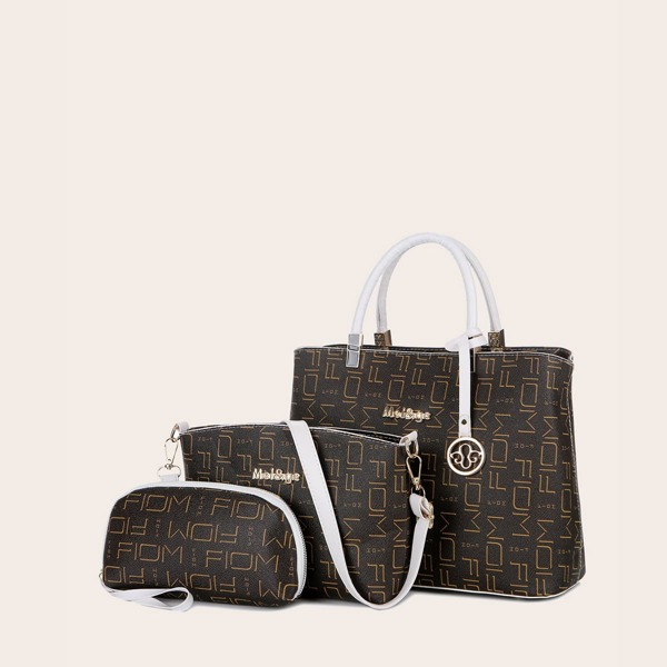 

3pcs Letter Graphic Tote Bag Set, Coffee brown
