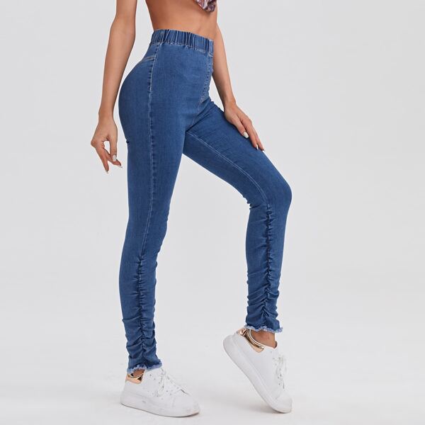 

Elastic Waist Raw Hem Ruched Jegging, Dark wash
