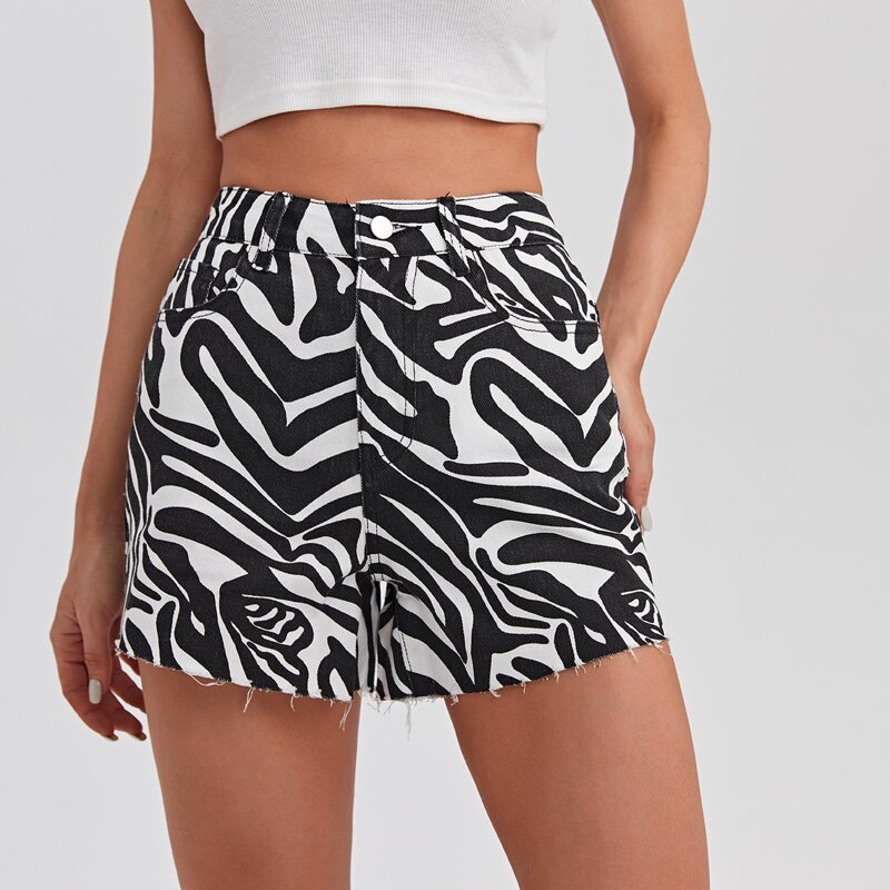

Zebra Stripe Raw Hem Denim Shorts, Black and white