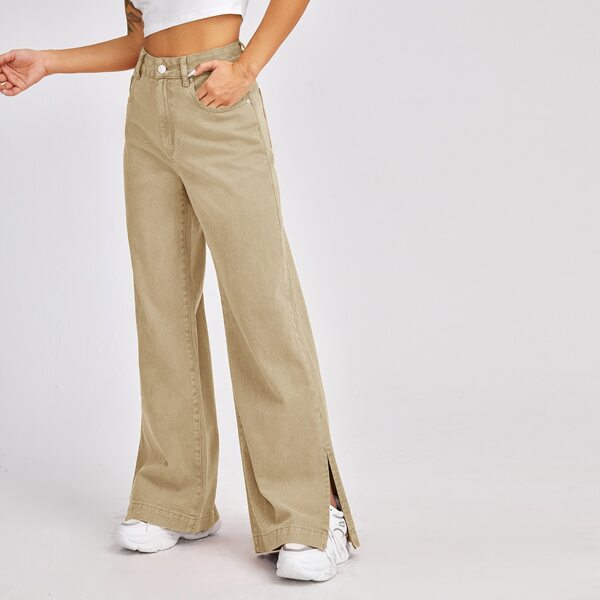 

Slit Hem Wide Leg Jeans, Apricot