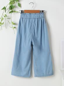 Pantalones de pierna ancha de cintura con volante - Azul - Ver 2