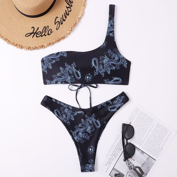 

Chinese Dragon Pattern One Shoulder Bikini Swimsuit, Black
