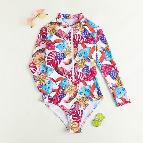 

Tropical & Fruit Print One Piece Swimsuit, Multicolor