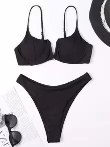 Rib V Wired Underwire High Cut Bikini Set, For Summer Beach Vacation - Black - View 1