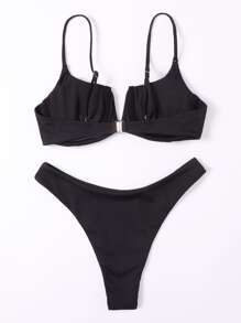 Rib V Wired Underwire High Cut Bikini Set, For Summer Beach Vacation - Black - View 2