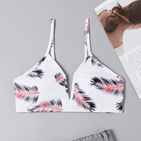 

Palm Leaf Print V Wired Bikini Top, Multicolor