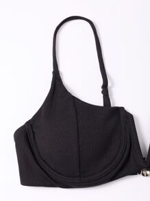 Rib V Wired Underwire High Cut Bikini Set, For Summer Beach Vacation - Black - View 3