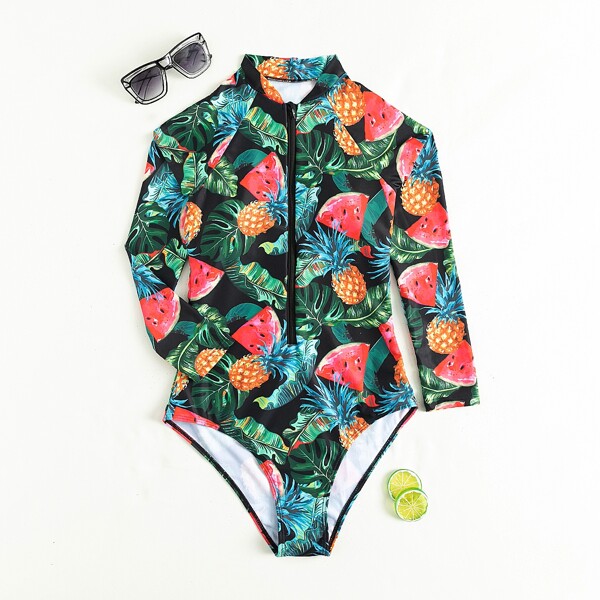 

Tropical & Fruit Print One Piece Swimsuit, Multicolor