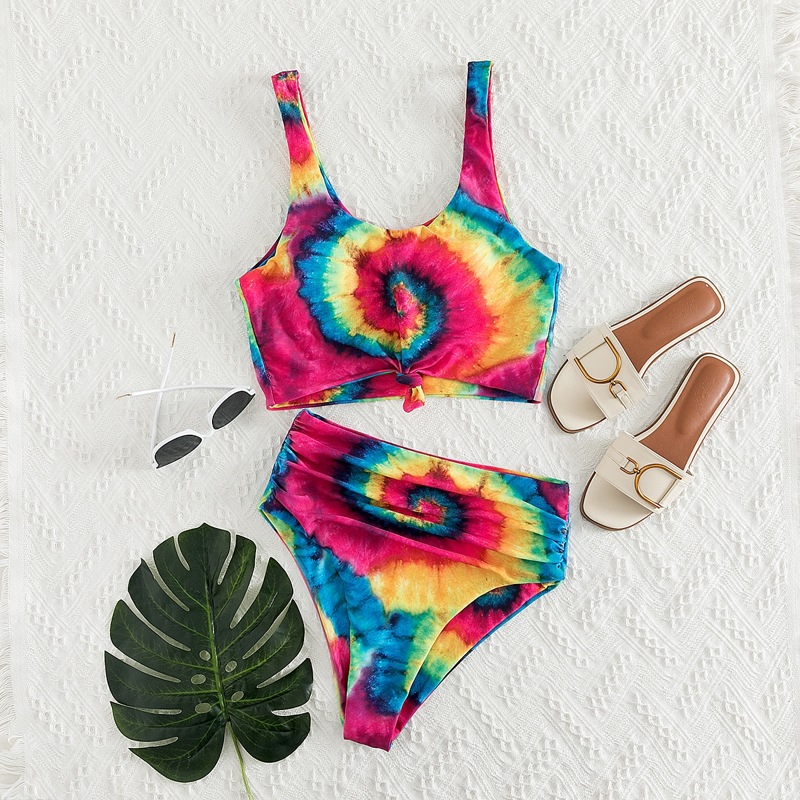 

Tie Dye Knot Hem High Waisted Bikini Swimsuit, Multicolor