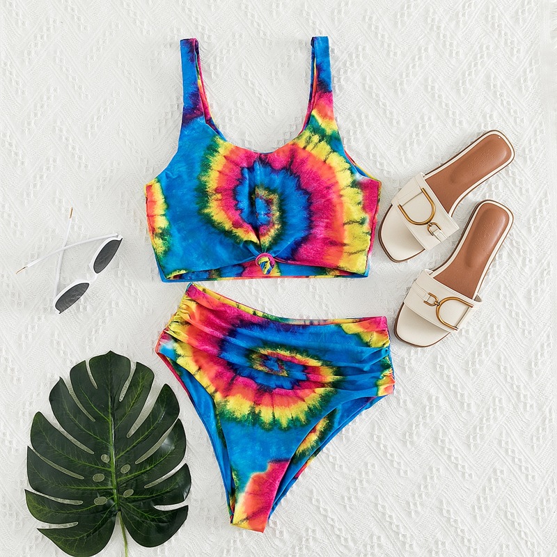 

Tie Dye Knot Hem High Waisted Bikini Swimsuit, Multicolor