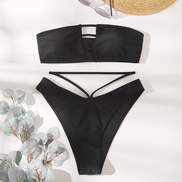 

Cut-out Bandeau Bikini Swimsuit, Black