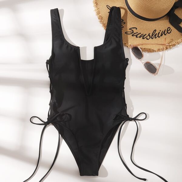 

V Wired Tie Side One Piece Swimsuit, Black
