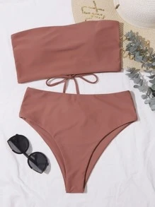 SHEIN Swim 抹胸高腰比基尼套装，适合夏季海滩度假 - 藕粉色 - 查看 1