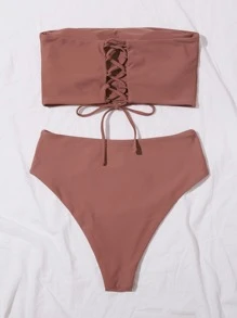 SHEIN Swim 抹胸高腰比基尼套装，适合夏季海滩度假 - 藕粉色 - 查看 2