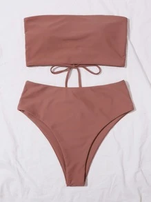 SHEIN Swim 抹胸高腰比基尼套装，适合夏季海滩度假 - 藕粉色 - 查看 3