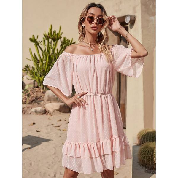 

Swiss Dot Chiffon Tiered Ruffle Hem A-line Dress, Baby pink