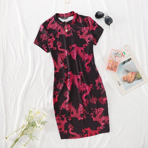 

Chinese Dragon Print Bodycon Dress Without Necklace, Multicolor