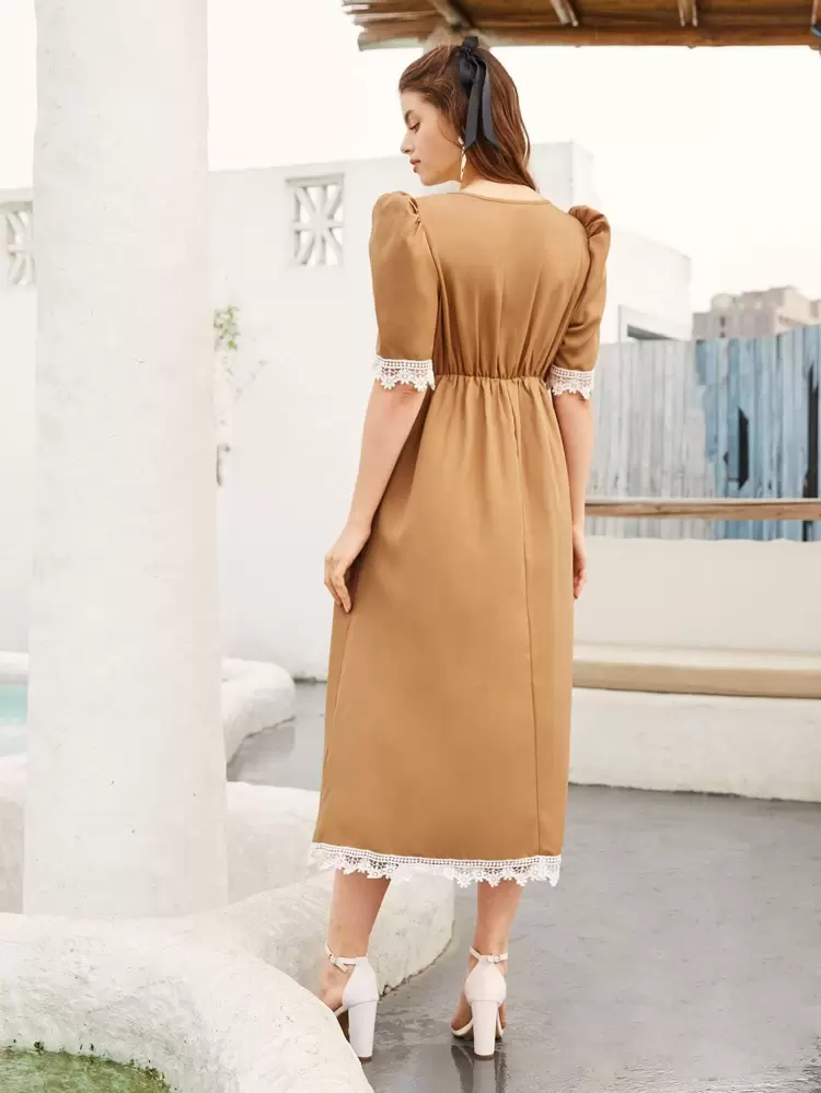 Floral Crochet Trim Puff Sleeve A-Line Long Dress