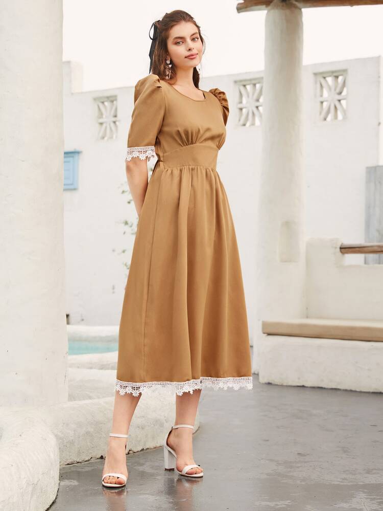 Floral Crochet Trim Puff Sleeve A-Line Long Dress