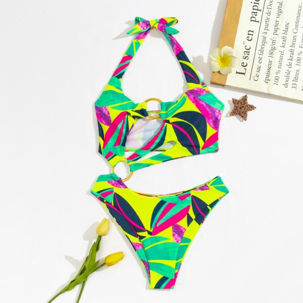 

Colorblock Ring Linked One Piece Swimsuit, Multicolor