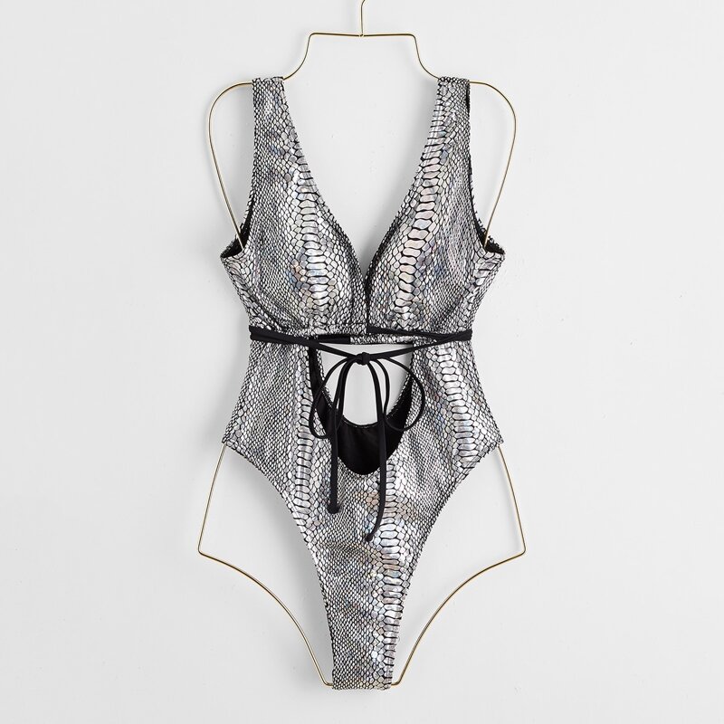 

Snakeskin Print Cut-out One Piece Swimsuit, Silver