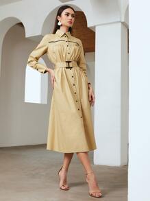 Mulvari 波浪織帶細節搭扣腰帶襯衫洋裝