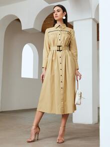 Mulvari 波浪織帶細節搭扣腰帶襯衫洋裝