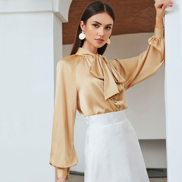 

Tie Neck Lantern Sleeve Satin Top, Khaki