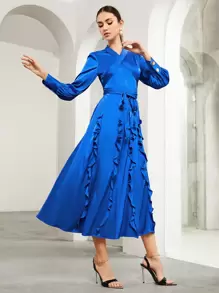 SHEIN Crisscross Tie Front Ruffle Trim Satin Dress - Royal Blue - View 1