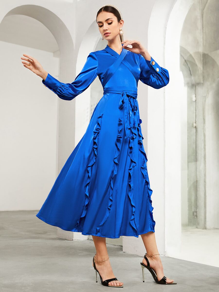 SHEIN Crisscross Tie Front Ruffle Trim Satin Dress - Royal Blue - View 1