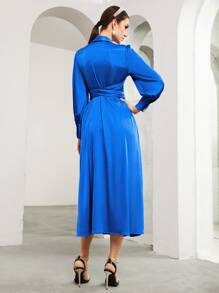 SHEIN Crisscross Tie Front Ruffle Trim Satin Dress - Royal Blue - View 2