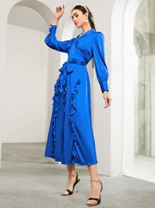 SHEIN Crisscross Tie Front Ruffle Trim Satin Dress - Royal Blue - View 3