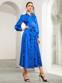 SHEIN Crisscross Tie Front Ruffle Trim Satin Dress - Royal Blue - View 4