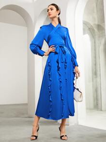 SHEIN Crisscross Tie Front Ruffle Trim Satin Dress - Royal Blue - View 6