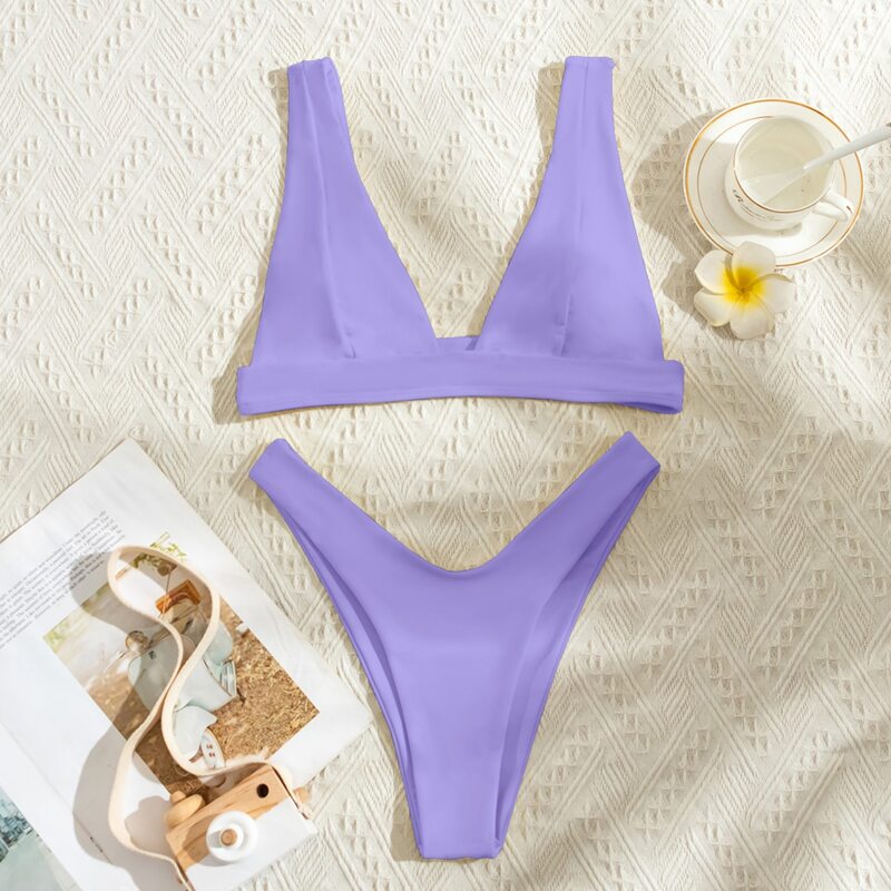 

Plain High Cut Bikini Swimsuit, Purple